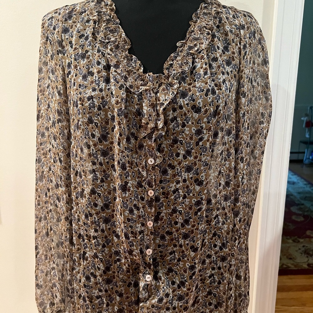 Gerard Darel Brown and Tan Ruffled Blouse